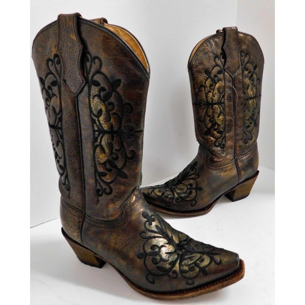 Corral Teens Metallic Bronze Embroidered Western Cowboy Boots Size‎ 2.5
